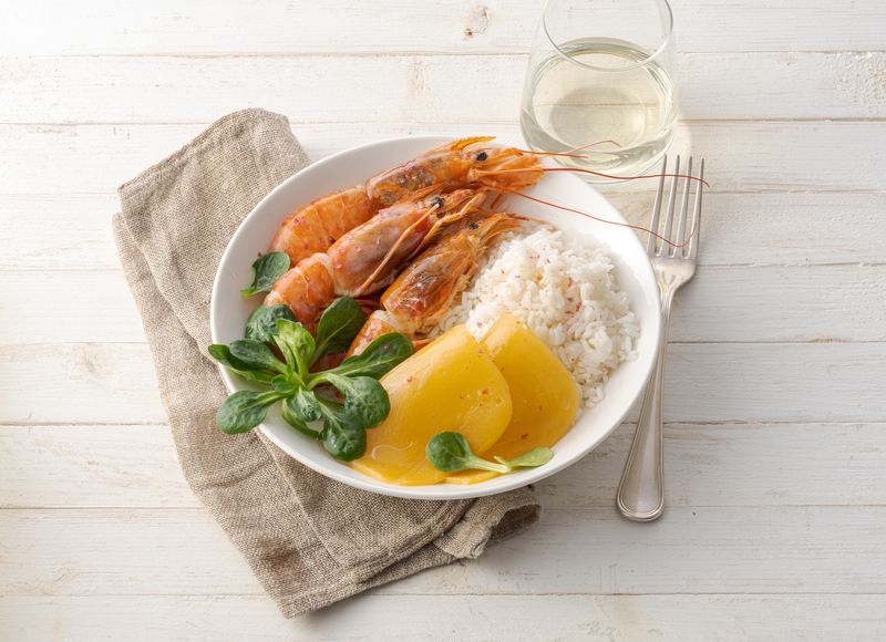 Riso basmati con Fruttilette Pesca e gamberi
